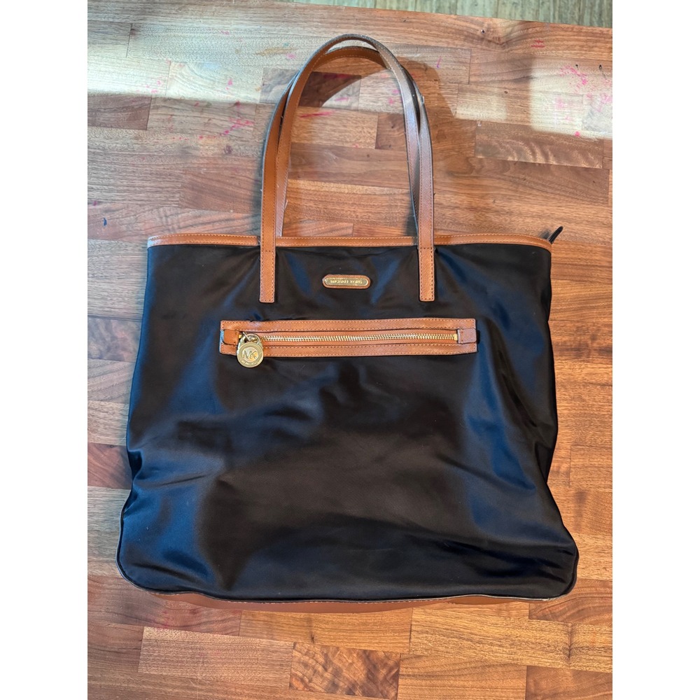 Michael Kors Black Nylon Tote Bag Tan Leather Trim Gold Hardware Shoulder Bag